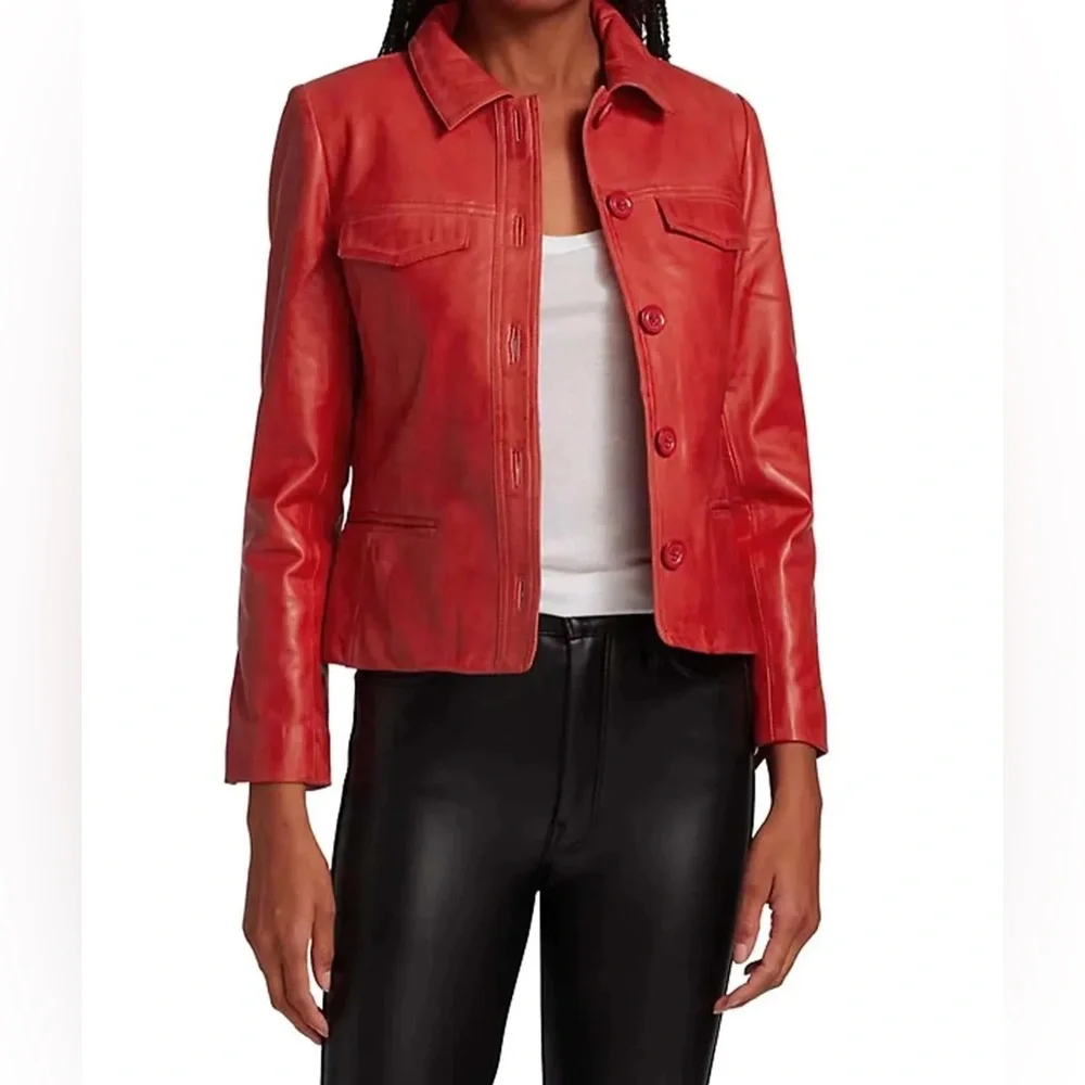 Zadig & Voltaire Red Orange Liam Leather Button-Front Jacket - Picture 9 of 9